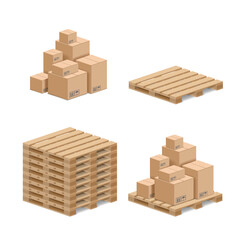 Set of isometric cardboard boxes on a wooden pallet. Isolated on a white background. Cargo storage in industrial warehouses and logistics. Vector illustration