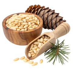 Wooden bowl and scoop filled with pine nuts and pine cone isolated on transparent background