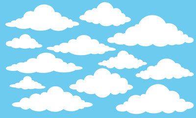 Collection of flat white clouds set on blue background. Vector set of cartoon flat illustration. Cloud