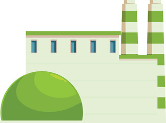 Cartoon style illustration featuring a green industrial building with two chimneys and a lush green bush in front