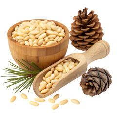Pine nuts in a wooden bowl and scoop with pine cones isolated on transparent background