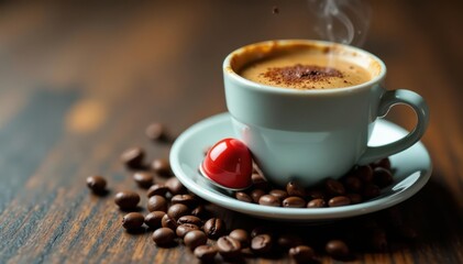 Fototapeta premium Espresso cup, coffee capsules, close-up detail, texture, steam, kitchen