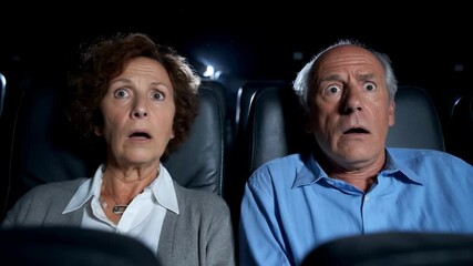 A senior couple reacts with shock and fear while watching a scary movie in a dark cinema, illustrating the immersive power of entertainment and suspenseful storytelling - Powered by Adobe
