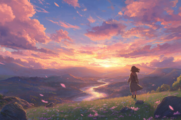 Obraz premium anime wallpaper featuring a serene landscape with soft pastel skies