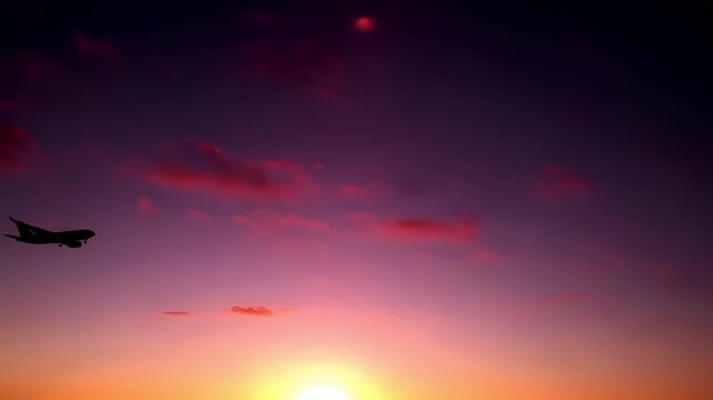 Airplane flies in sky at sunset day. Travel. Airplane takes off against the background of sunset.