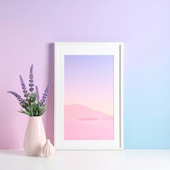 Pastel Serenity A Framed Desert Landscape with Lavender and Soft Hues for Calming Decor