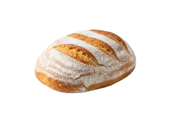 Rustic artisan white bread loaf with golden crust, score marks & flour dusting, on transparent background with reflection and bokeh, still life food photography concept