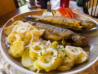 Delicious trout and potato dish in a cozy restaurant ambience