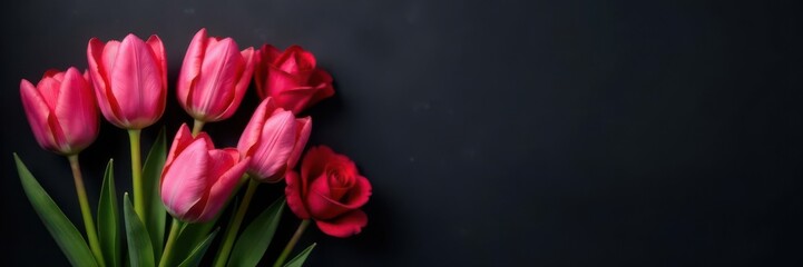 Obraz premium Pink tulips, red roses banner header; dark background, copy space , red, roses