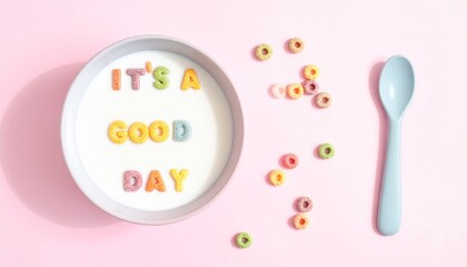 Cereal Letters in Milk Spell “IT’S GOOD DAY” – Isolated on Pink Background