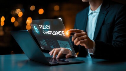 Ensure your business is secure with policy compliance on a modern futuristic interface, a businessman navigates data on a laptop with seamless integration