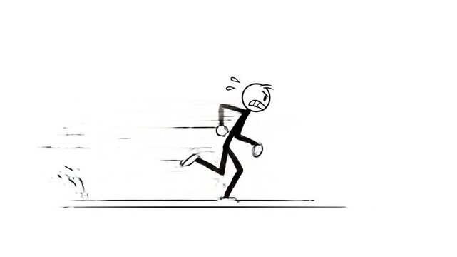 Animated Stick Figure Running Frantically in a Hurry with Expressive Facial Expression and Dynamic Motion Lines