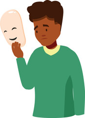 Sad young man holding a happy mask, hiding his true feelings