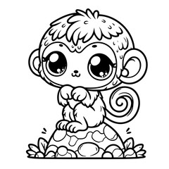 Fototapeta premium Cute cartoon monkey sitting on a rock surrounded by grass 