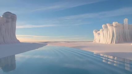 Majestic icy canyon with towering white ice cliffs on both sides, calm blue water ripples under a clear sky. - Powered by Adobe