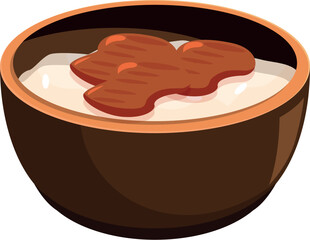Steaming rice porridge topped with savory grilled meat, served in a rustic brown bowl, representing a comforting and flavorful meal
