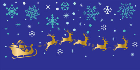 Santa Claus in his sleigh, pulled by golden reindeer, flying through a snowy night vector eps.