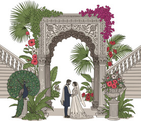 Create a Mughal garden arch with wedding couple, column, tropical plants, peacock, flower vase, and staircase decorative frame vector art with white background..