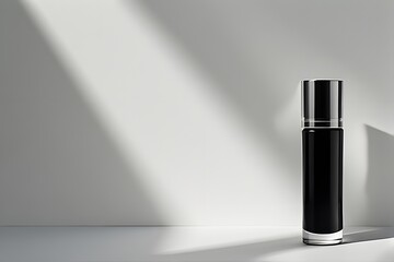 Fototapeta premium Elegant black cosmetic bottle with sleek metallic cap sits on a minimalist surface, bathed in soft window light and shadow.