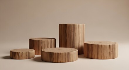 A collection of five natural wood log slices arranged in a staggered formation on a neutral background