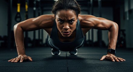 Fototapeta premium Determined athletic woman performing a push-up exercise in a dark gym