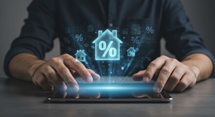 Mini-maisons holographiques et signe de pourcentage au-dessus des tablettes dans les mains d’un homme. Concept immobilier. Investissement dans l’immobilier. Achat et vente de logements. Crédit hypothé
