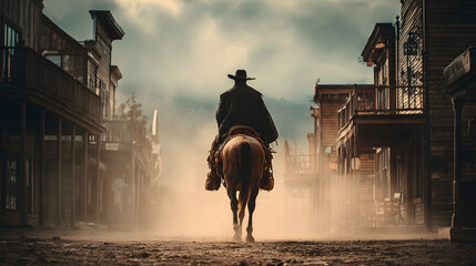 Lone cowboy riding horse through dusty western town, evoking adventure and the spirit of the Wild West