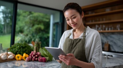 Cooking enthusiast using tablet to explore recipes modern kitchen digital content indoor engaged culinary exploration