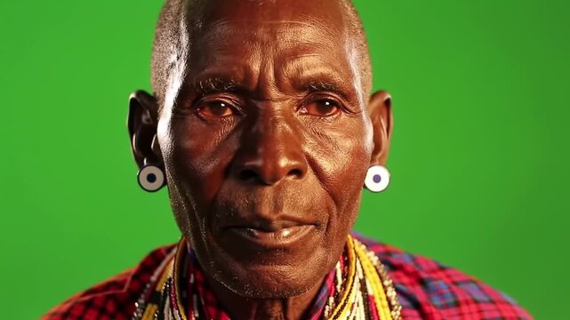 Maasai elder stands against a green screen backdrop, wearing traditional clothing and jewelry, showcasing cultural heritage and resilience.