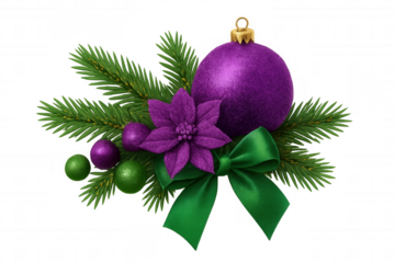 Festive holiday ornament featuring a purple bauble, poinsettia flower, green fir branches, and a matching fabric bow