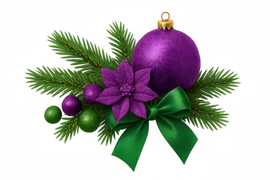 Festive holiday ornament featuring a purple bauble, poinsettia flower, green fir branches, and a matching fabric bow
