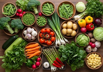 Assortment of Fresh Vegetables on Wooden Table – Top View Colorful Healthy Food Composition