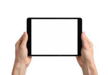 Two adult hands, light skin tone, holding black digital tablet horizontally on transparent background with copy space, soft studio lighting, concept of potential and versatility