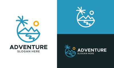 Adventure logo design. Beach concept vector design with with views of palm trees, mountains, and also the sun symbol graphic icon