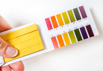 A close-up of a set of litmus papers for determining the pH of water in a hand