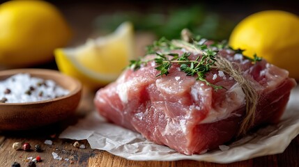 Viande de bÅ“uf crue assaisonnée aux herbes fraîches sur planche