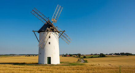 White windmill in a golden field under a clear blue sky
