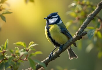 Fototapeta premium Vivid Blue Tit Perched on Branch in Golden Sunlight