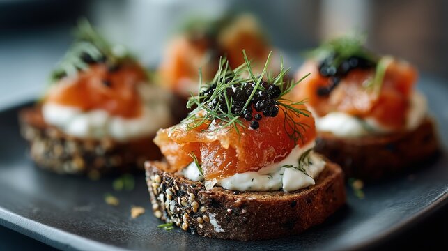 Toasts au saumon fum&eacute; et caviar sur pain de seigle avec cr&egrave;me fra&icirc;che