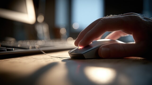 Main utilisant une souris d'ordinateur sur un bureau &eacute;clair&eacute; naturellement