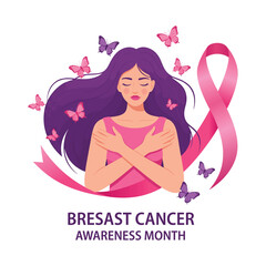 A beautiful illustration for Breast Cancer Awareness Month showing a woman with long hair embracing a flowing pink ribbon. vector illustration