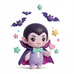 Obraz premium A cute 3D cartoon vampire character for Halloween. Adorable monster child holding a candy lollipop with bats and stars. Kawaii illustration isolated on a white background with copy space.