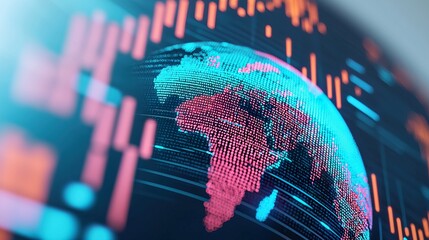 A digital globe overlaid with financial data streams, global economic connectivity,  
