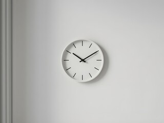 Minimalist white wall clock with black hands elegantly marks time in a bright, modern interior space, conveying punctuality and style.