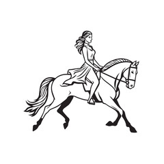 Black and white line art of a beautiful woman with perfect body riding horse elegant minimalist illustration