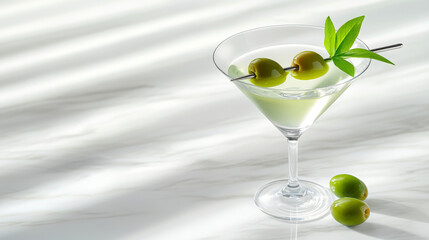 Martini cocktail garnished with green olives on marble surface  