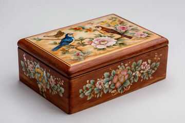 Painted wooden box with floral and bird design craft