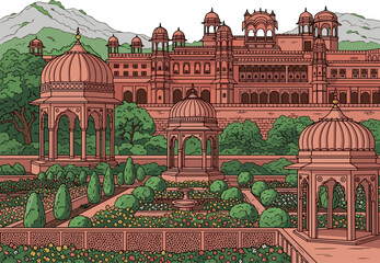 Create a Traditional Mughal style illustration of Jaipur landscape featuring palace, garden with domes, arched walls and flower plants vector art with white background..