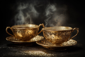 Two elegant gold teacups each intricately designed