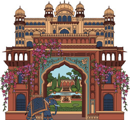 Create a Traditional Rajasthani mughal palace, arch gate with garden, elephant, bougainvillea vector art with white background.